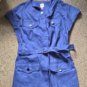 Vintage Y2k Ann Klein Linen Blend Denim Blue Button-Up Belted Dress💫